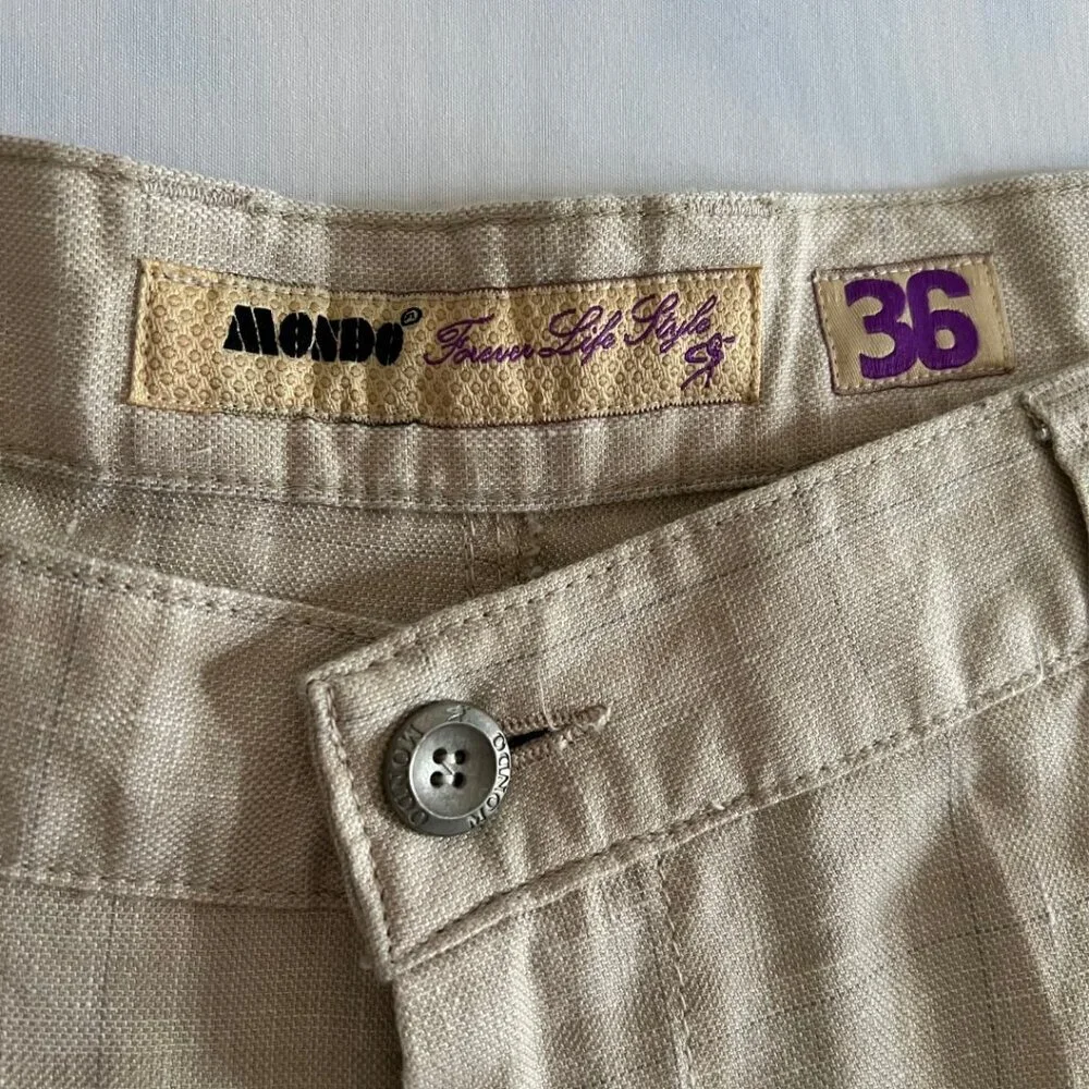 Mondo Men's Linen Beige Plaid Tapered Leg Pants